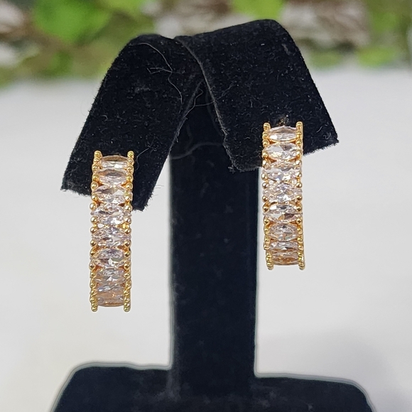Gold with Zirconia Stones Huggie Hoop Earrings - Picture 4 of 6